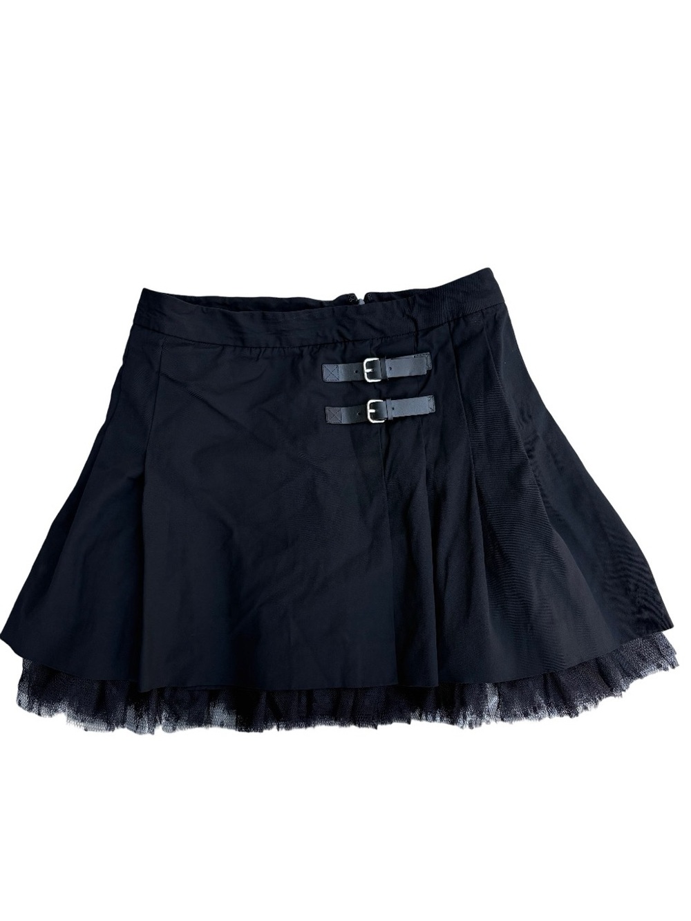 RED Valentino Black Tulle Trim Mini Skirt Size 42 / US 6 Buckle Detail Flared